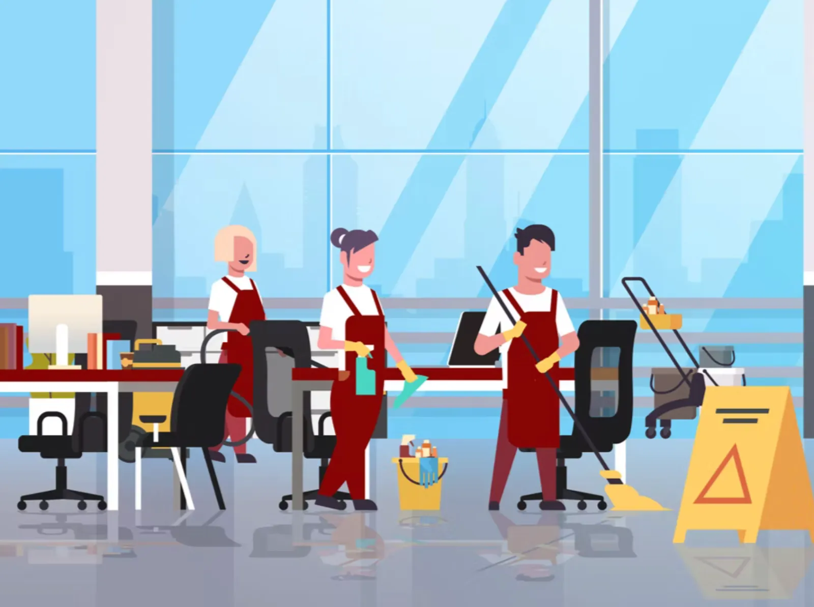 Dos profesionales de limpieza con uniforme y carro de productos en un vestíbulo de oficinas
